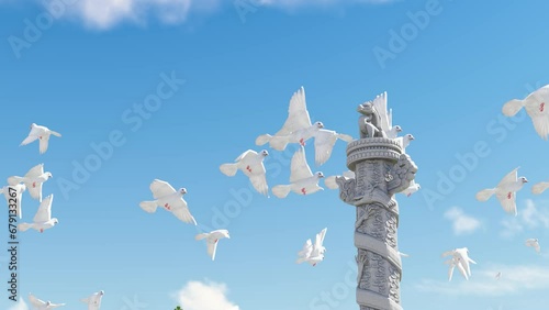 Beijing peace dove flies over stone lions and Huabiao photo
