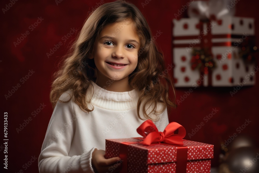 Surprised girl is holding a gift box near Christmas tree, kid wearing hat while holding a Christmas gift Surprised girl is holding a gift box near Christmas tree, kid wearing hat while holding a Christmas gift