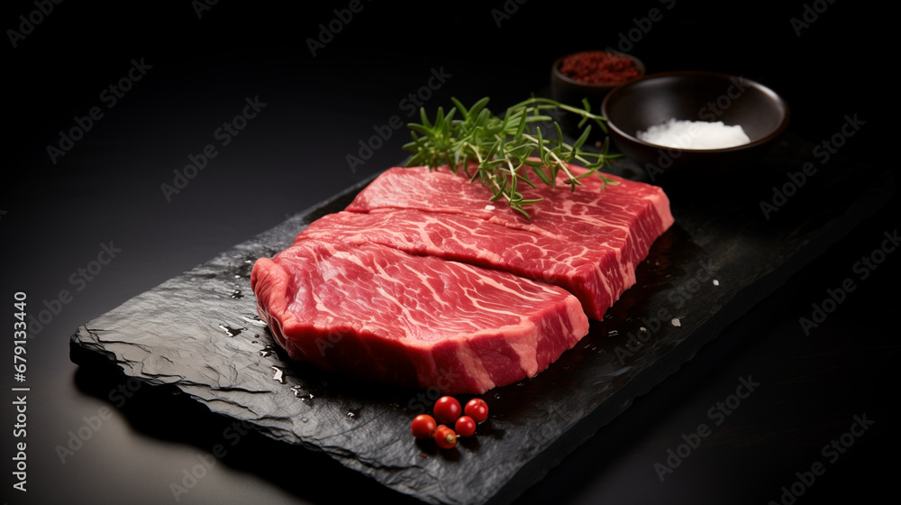 Wagyu beef raw steak, luxury japanese meat on black stone