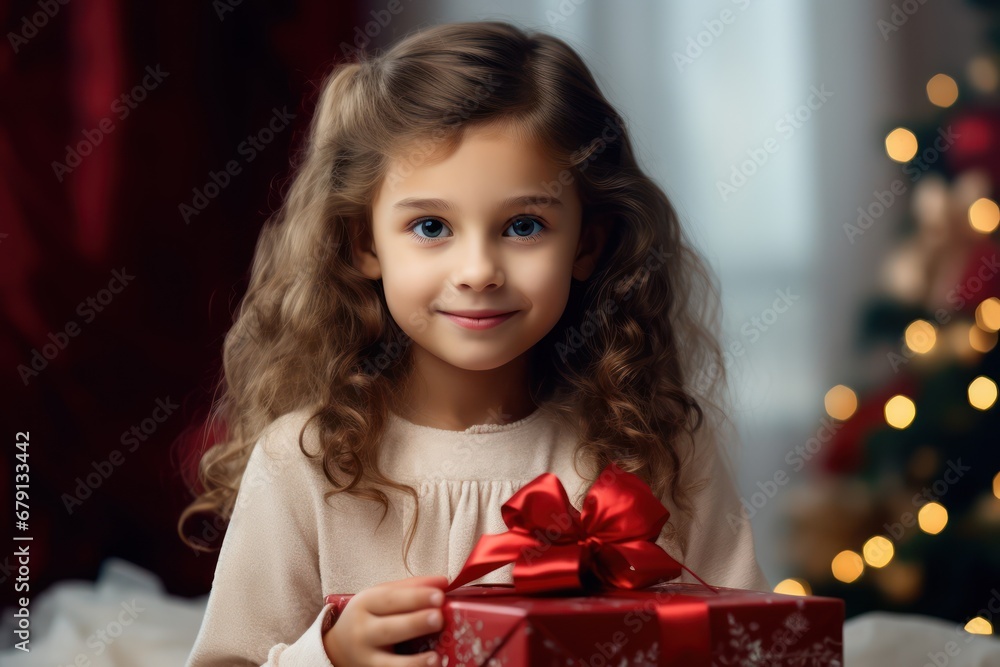 Surprised girl is holding a gift box near Christmas tree, kid wearing hat while holding a Christmas gift Surprised girl is holding a gift box near Christmas tree, kid wearing hat while holding a Christmas gift