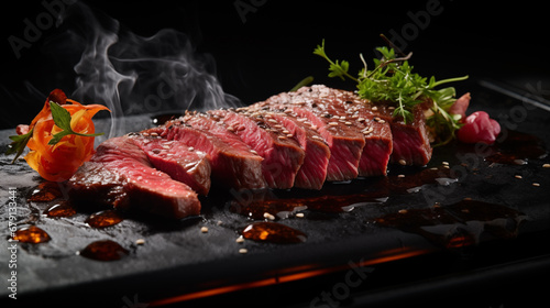 Wagyu beef steak, luxury japanese meat on black stone