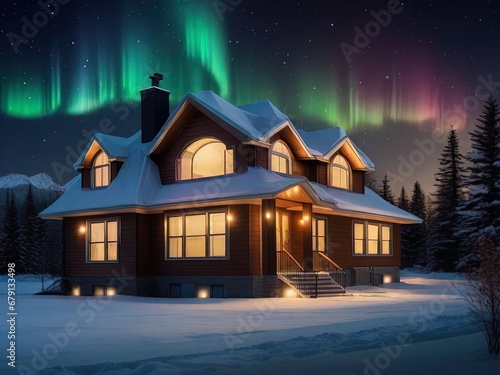 Aurora borealis, northern lights over a wooden house in winter.