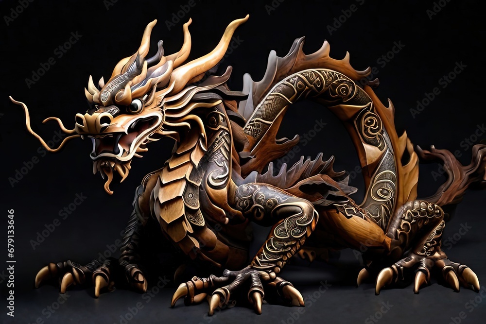 Wooden dragon isolated on black background, closeup. Symbol of the year 2024.