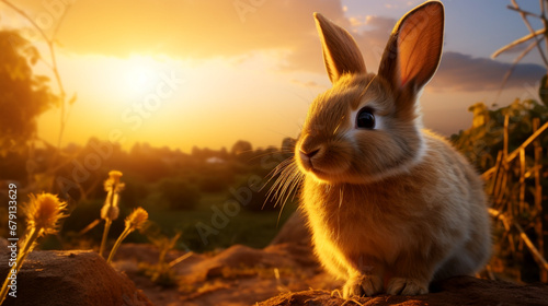 A little rabbit looking out into the sun. Generative AI