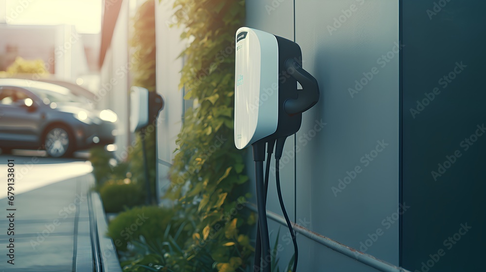 A modern private electric vehicle (EV) charging station installed at a ...