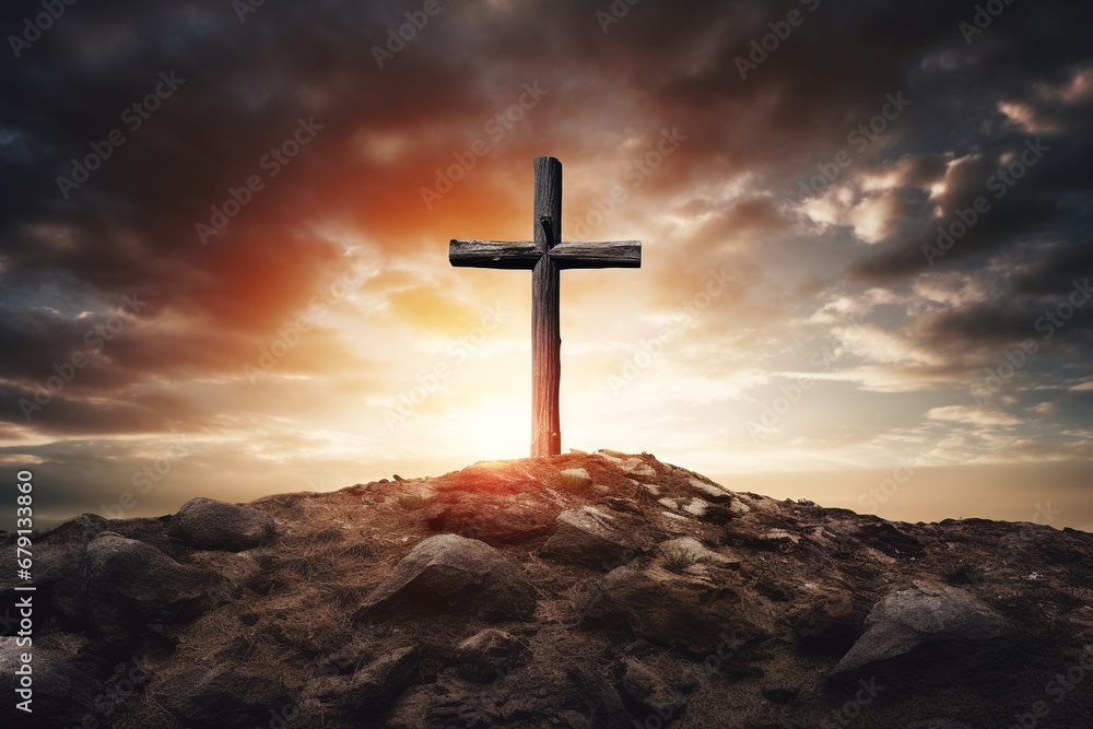 cross with Jesus Christ set against a backdrop of a dramatic and expressive sky, symbolizing faith and renewal.