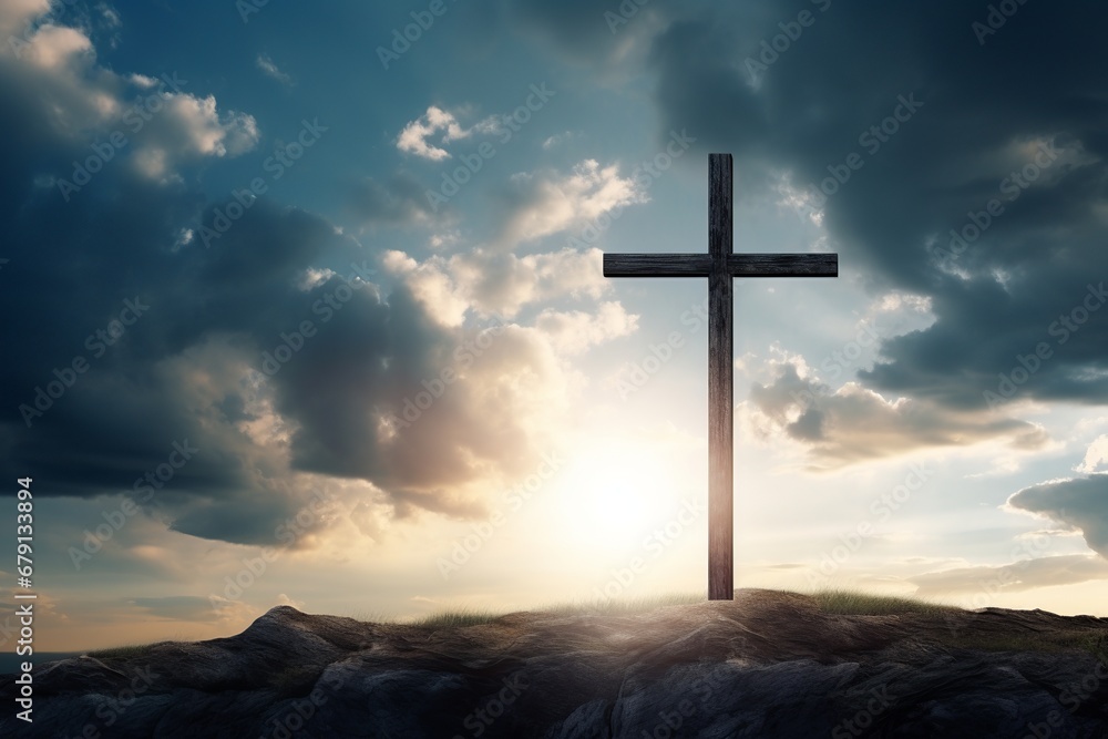 cross with Jesus Christ set against a backdrop of a dramatic and expressive sky, symbolizing faith and renewal. cross with Jesus Christ set against a backdrop of a dramatic and expressive sky, symbolizing faith and renewal.