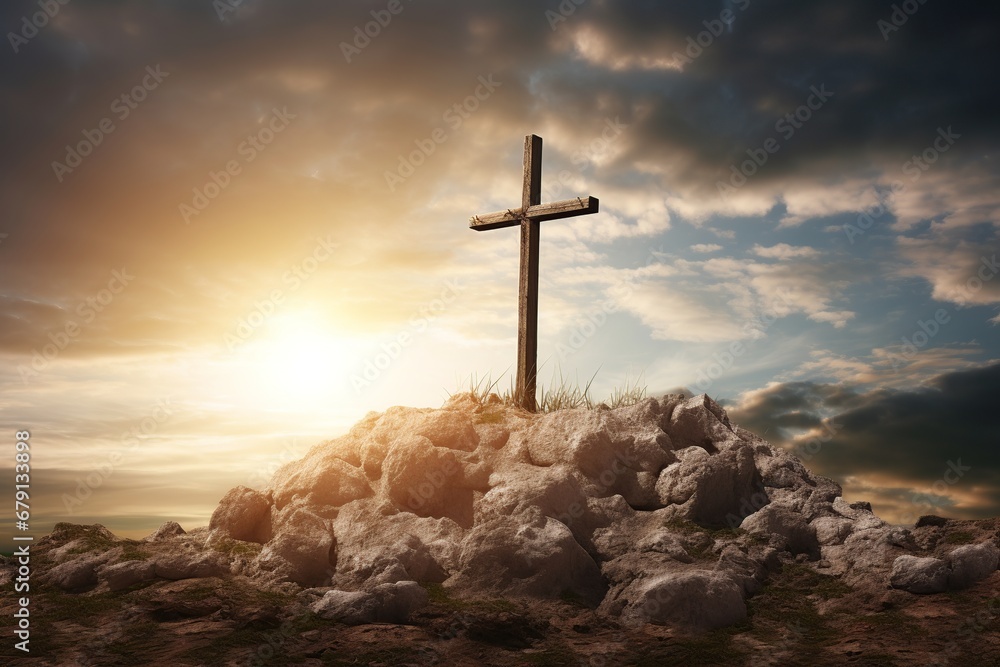cross with Jesus Christ set against a backdrop of a dramatic and expressive sky, symbolizing faith and renewal. cross with Jesus Christ set against a backdrop of a dramatic and expressive sky, symbolizing faith and renewal.