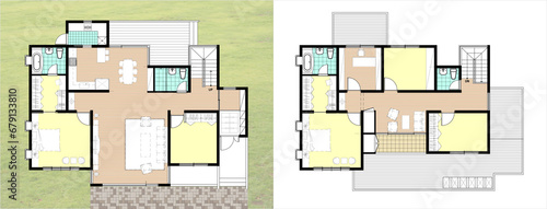 house with windows and flowers, background with squares, design template of house plan, 2d illustration of single house floor plan with color