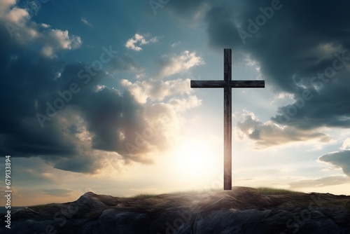 cross with Jesus Christ set against a backdrop of a dramatic and expressive sky, symbolizing faith and renewal.