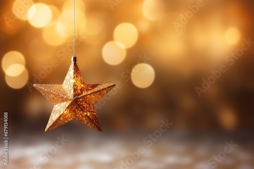 Golden Christmas Star Ornament with Festive Bokeh Background