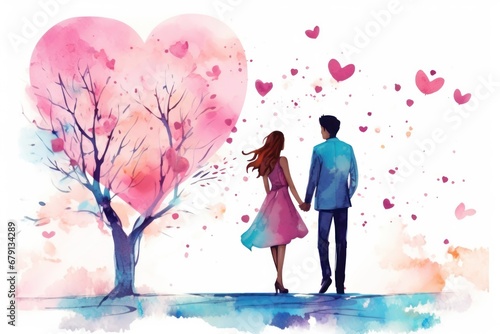 Watercolor couple with heart tree, pink shades, romantic Valentine's Day theme. Romantic Valentine's Day theme and Valentine's Day love concept photo
