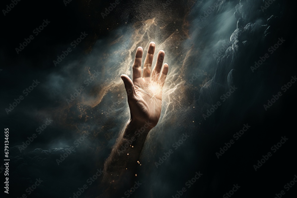 Symbolic Image of Jesus' Hand Reaching Out Against Darkness