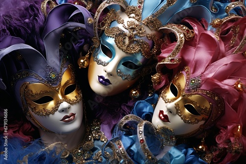 Ornate Carnival Masks and Vibrant Costumes Against Plain Background