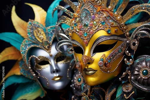 Ornate Carnival Masks and Vibrant Costumes Against Plain Background © Kristian
