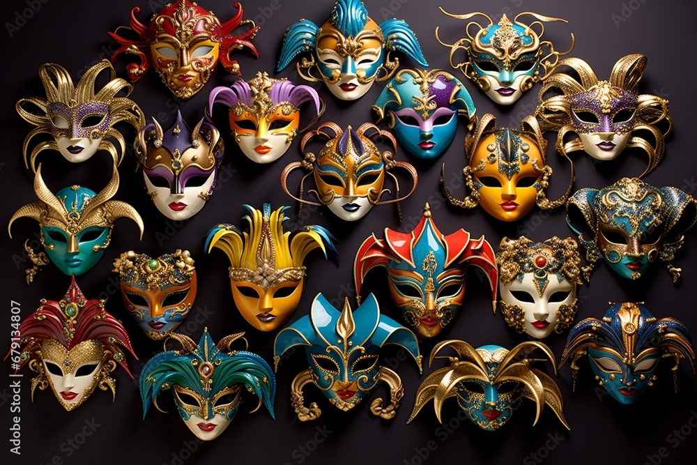 Ornate Carnival Masks and Vibrant Costumes Against Plain Background Ornate Carnival Masks and Vibrant Costumes Against Plain Background