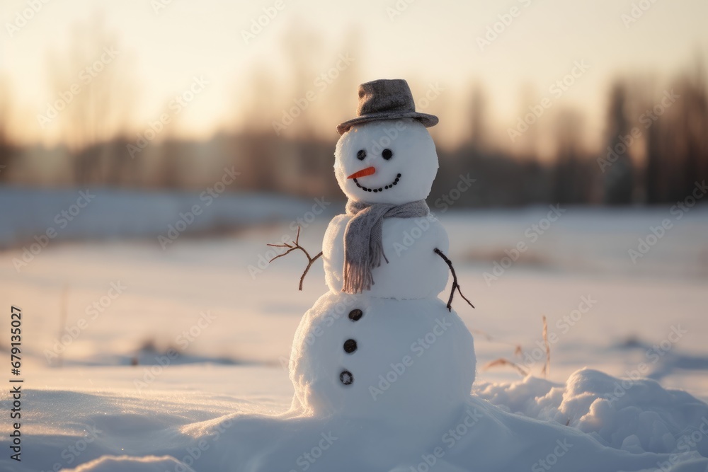 Funny snowman on snowy field. Generative AI Funny snowman on snowy field. Generative AI