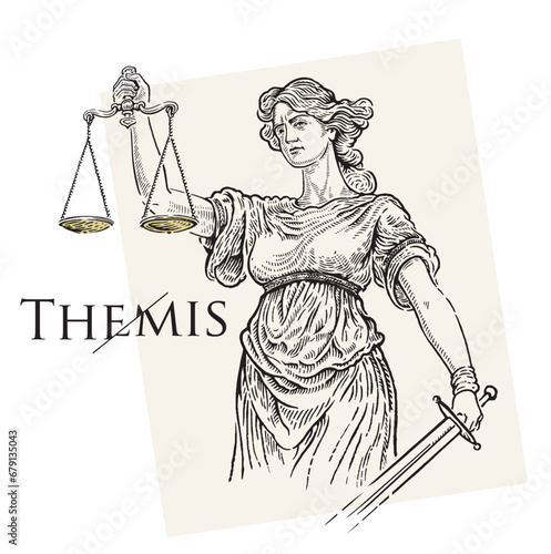 Illustration of the ancient Greek goddess Themis, personifying justice and fair trial, in the engraving style.