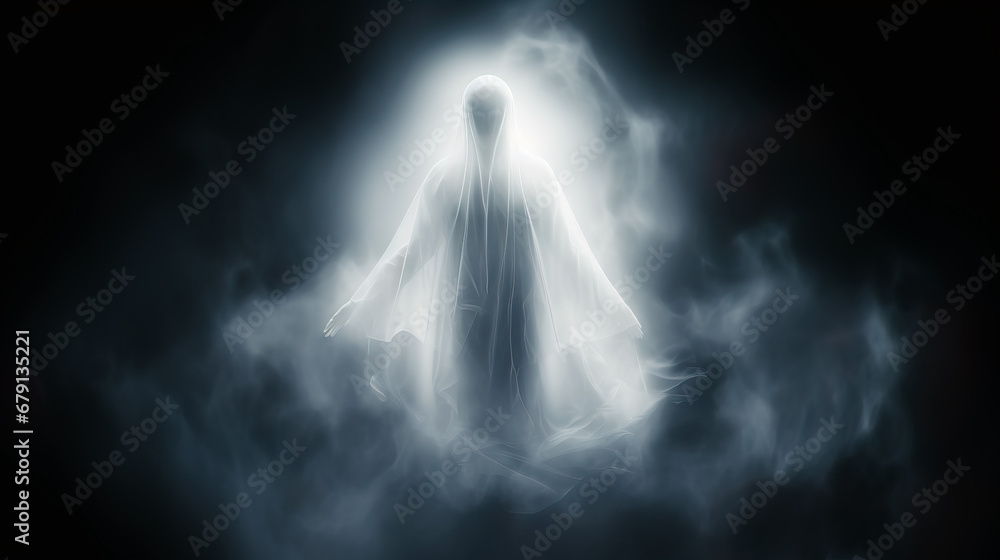 White ghost floating on black background White ghost floating on black background