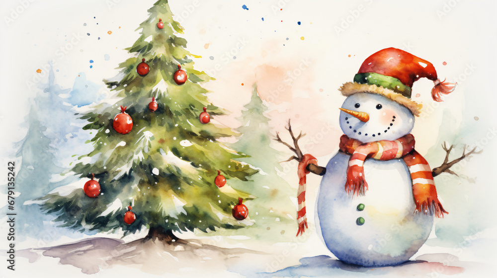 A charming watercolor painting of a snowman