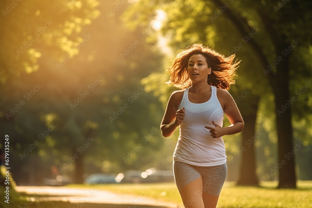 Plus-Size Woman Running in Morning Light, Embodying Energy and Health Plus-Size Woman Running in Morning Light, Embodying Energy and Health