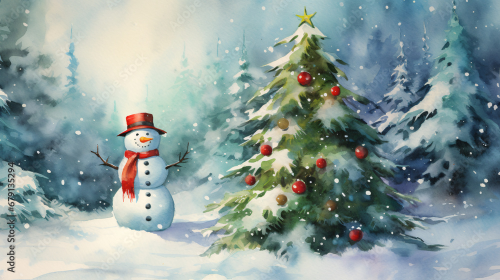 A charming watercolor painting of a snowman