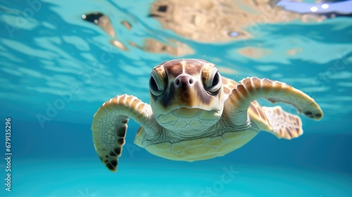 Close up of cute baby turtle in turquoise water © clarut