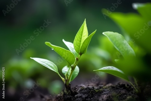 Green tea bud and fresh leaves. Tea plantations. Generative AI