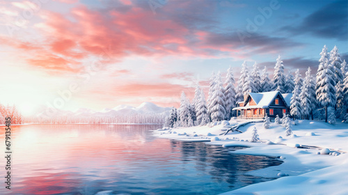 winter landscape with small cabin by lake surrounded by snowy firs © Melinda Nagy
