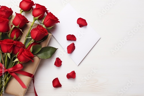 Valentine's Day Flat Lay with Red Roses Bouquet and Gift
