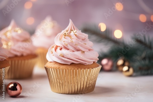Christmas cupcake or muffin with pink whipped cream, golden sprinkles on pink bokeh background. Close up. Merry Christmas.