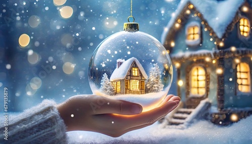 Szklana kula z zimowym świątecznym domkiem w ręku dziecka. niebieskie tło z migoczącymi światłami. Zimowa, świąteczna grafika z miejscem na tekst photo