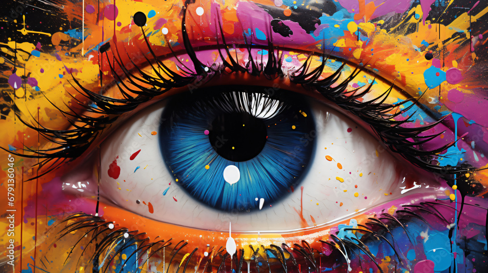 A close up of an eye with vibrant paint splatters