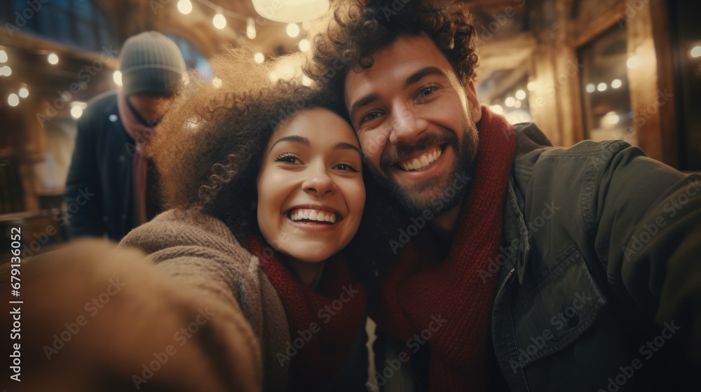 Close friends pose for a cheerful selfie in a cafe, Christmas tree aglow, sharing a moment of festive delight. Close friends pose for a cheerful selfie in a cafe, Christmas tree aglow, sharing a moment of festive delight.