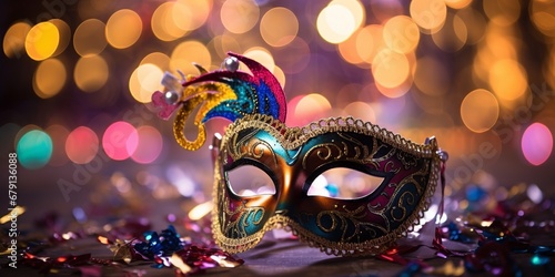 Venetian Mask at Carnival Party with Bokeh Lights and Streamers