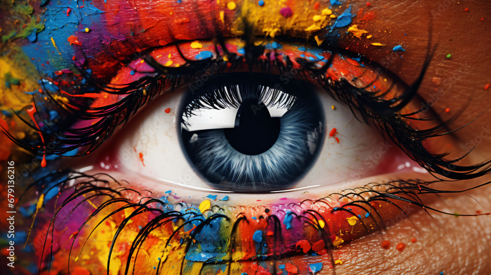 A close up of an eye with vibrant paint splatters