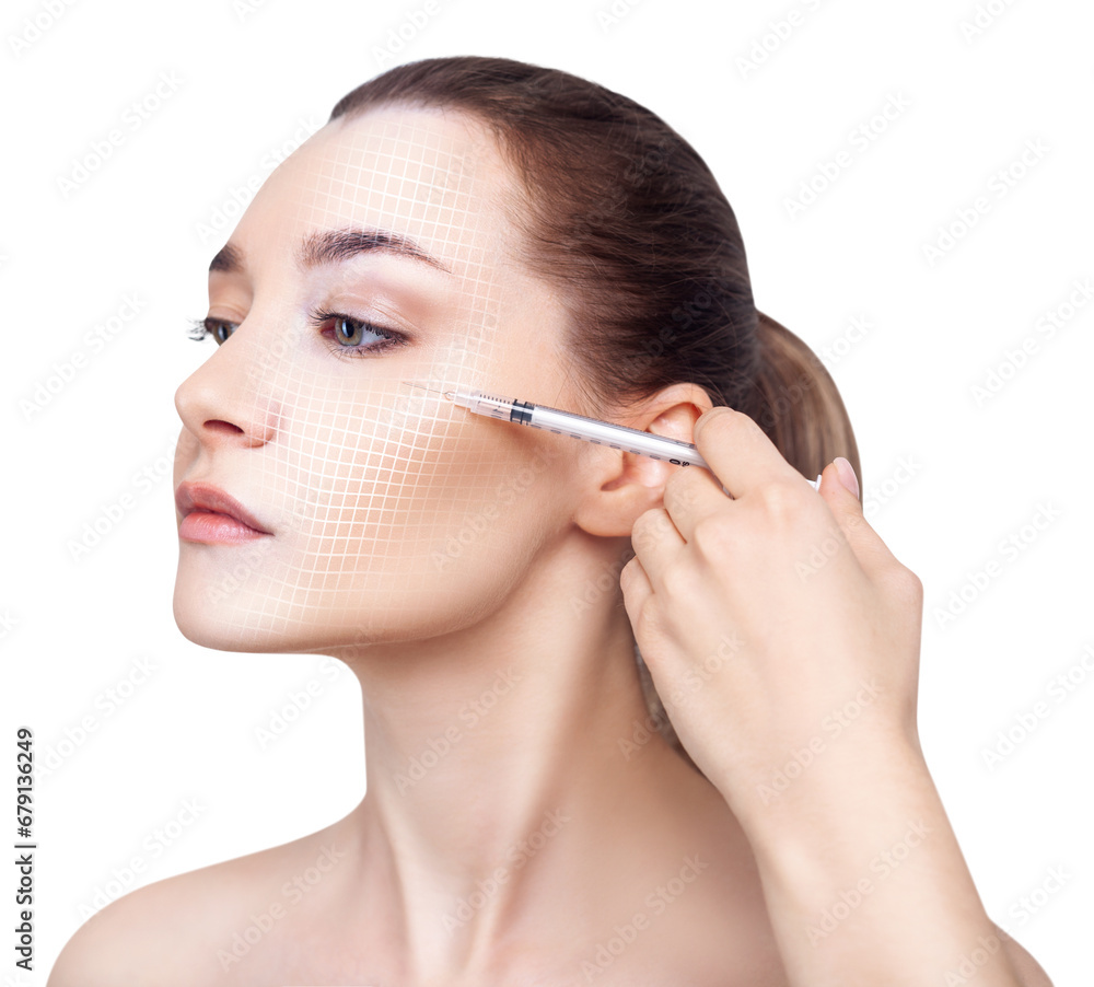 Beautiful woman with lifting grid on face has an injection.