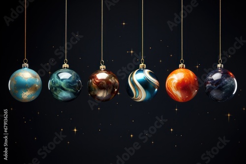 Christmas creative ball like planets solar sistem on dark black background. Greeting card with copy space. Xmas magic holiday.