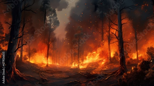 Forest fire catastrophe, tall trees ablaze, smoke and ash fill the air, nature in peril.