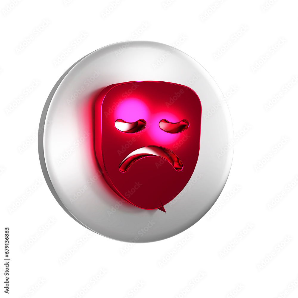 Red Drama theatrical mask icon isolated on transparent background. Silver circle button. Red Drama theatrical mask icon isolated on transparent background. Silver circle button.