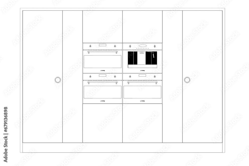Kitchen interior furniture isolated on a white background, outline illustration, sketch Kitchen interior furniture isolated on a white background, outline illustration, sketch
