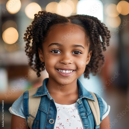 Smiling cute little african american girl with two pony tails looking at camera, ai technology