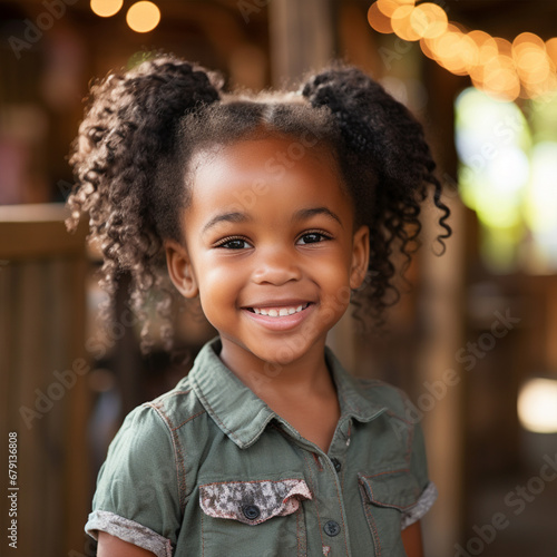 Smiling cute little african american girl with two pony tails looking at camera, ai technology