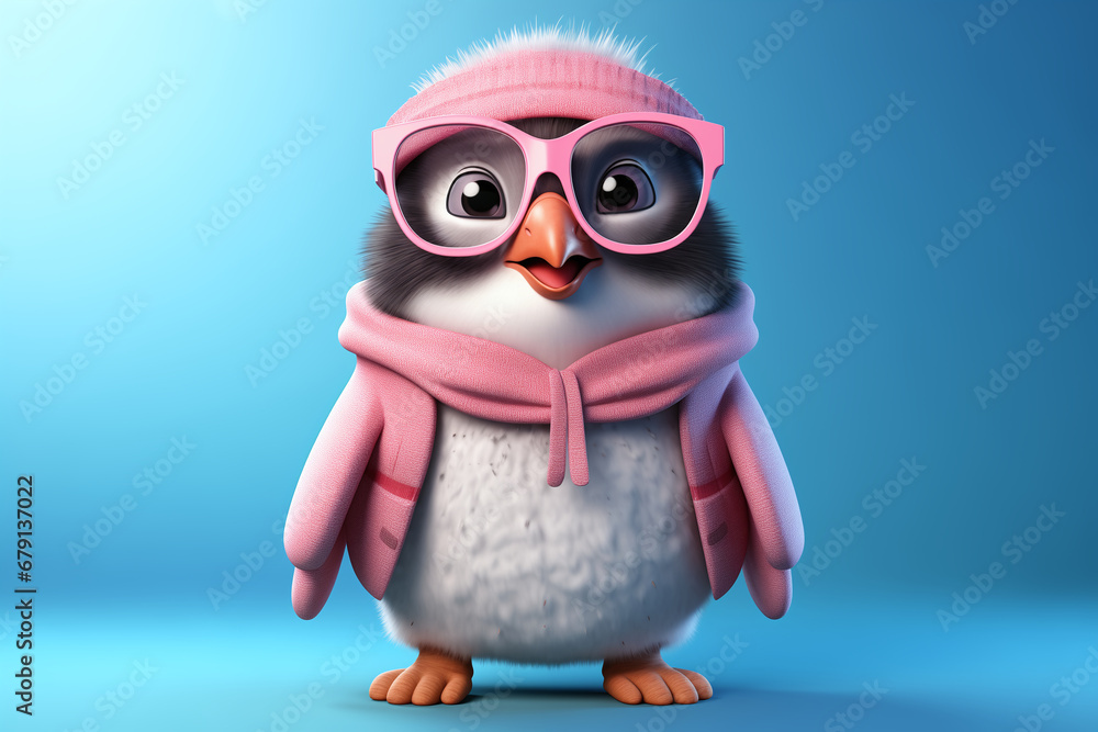 Fototapeta premium 3D art illustration of cute penguin, in pink glasses, wearing pink jacket and hat, simple studio blue background. Animation cartoon charecter
