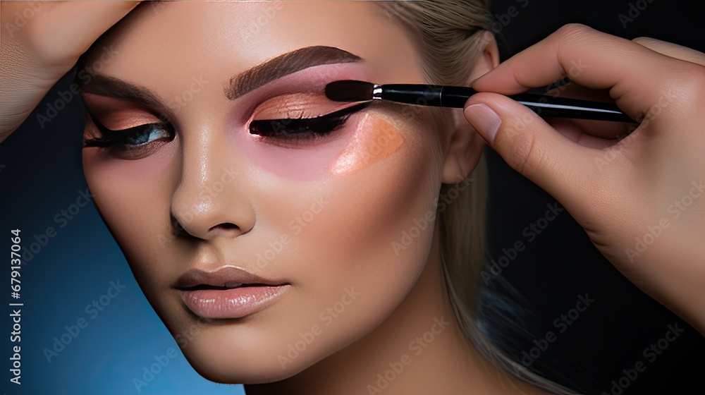 Makeup artist applies eyeshadow to models eyes in studio