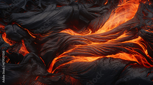A close up view of the surface of flowing lava