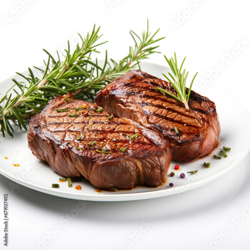 Tasty steaks with rosemary on white background, ai technology