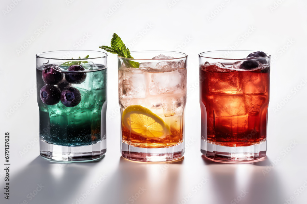 Cocktails with ice, lemon and fruit, served in glasses and glasses, white background. Generative AI. Cocktails with ice, lemon and fruit, served in glasses and glasses, white background. Generative AI.