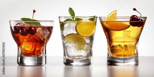 Cocktails with ice, lemon and fruit, served in glasses and glasses, white background. Generative AI.