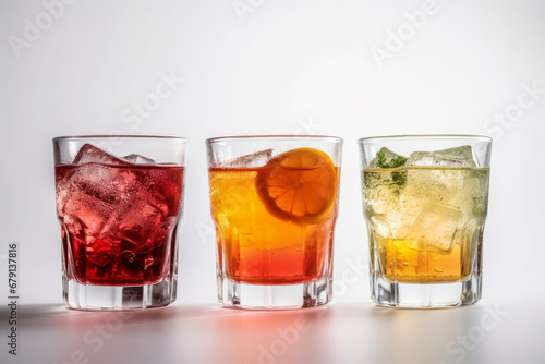 Cocktails with ice  lemon and fruit  served in glasses and glasses  white background. Generative AI.